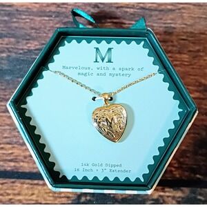 A New Day 14k Gold Dipped Initial M Heart Locket Necklace Floral Engraved Boxed